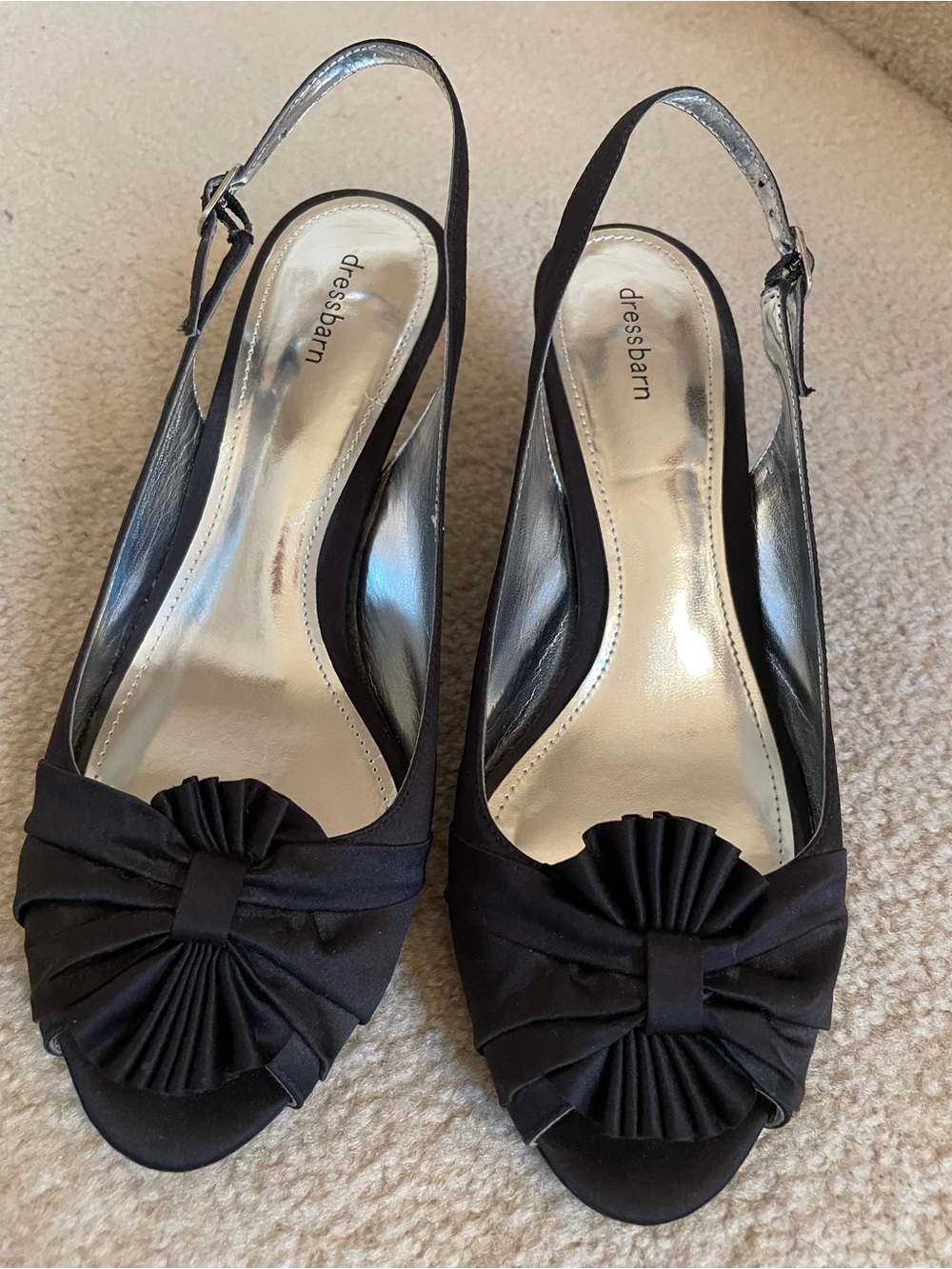 dressbarn Black Satin Peep-Toe Slingback Heels with Rosette